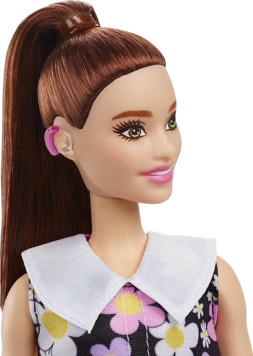 Buy Barbie Fashionistas Doll with Behind Hearing Aid Brunette Ponytail Shift Dress & Pink Boots | Yallatoys.com