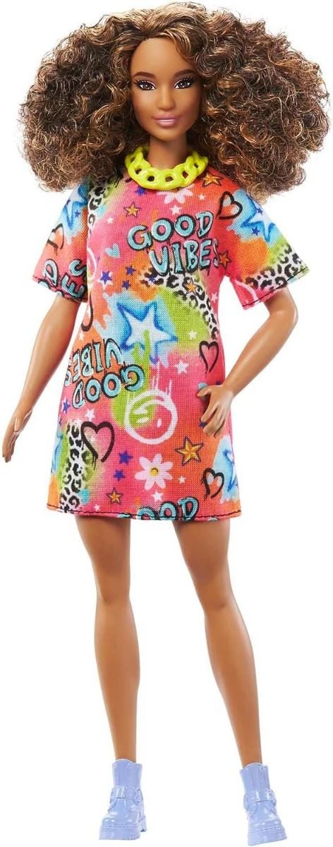 Buy Barbie Fashionistas Doll with Athletic Body Curly Brunette Hair Graffiti Print Dress | Yallatoys.com