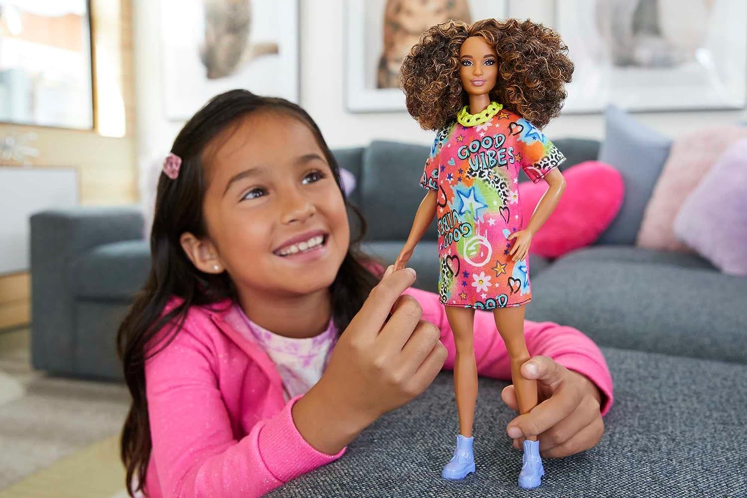 Buy Barbie Fashionistas Doll with Athletic Body Curly Brunette Hair Graffiti Print Dress | Yallatoys.com