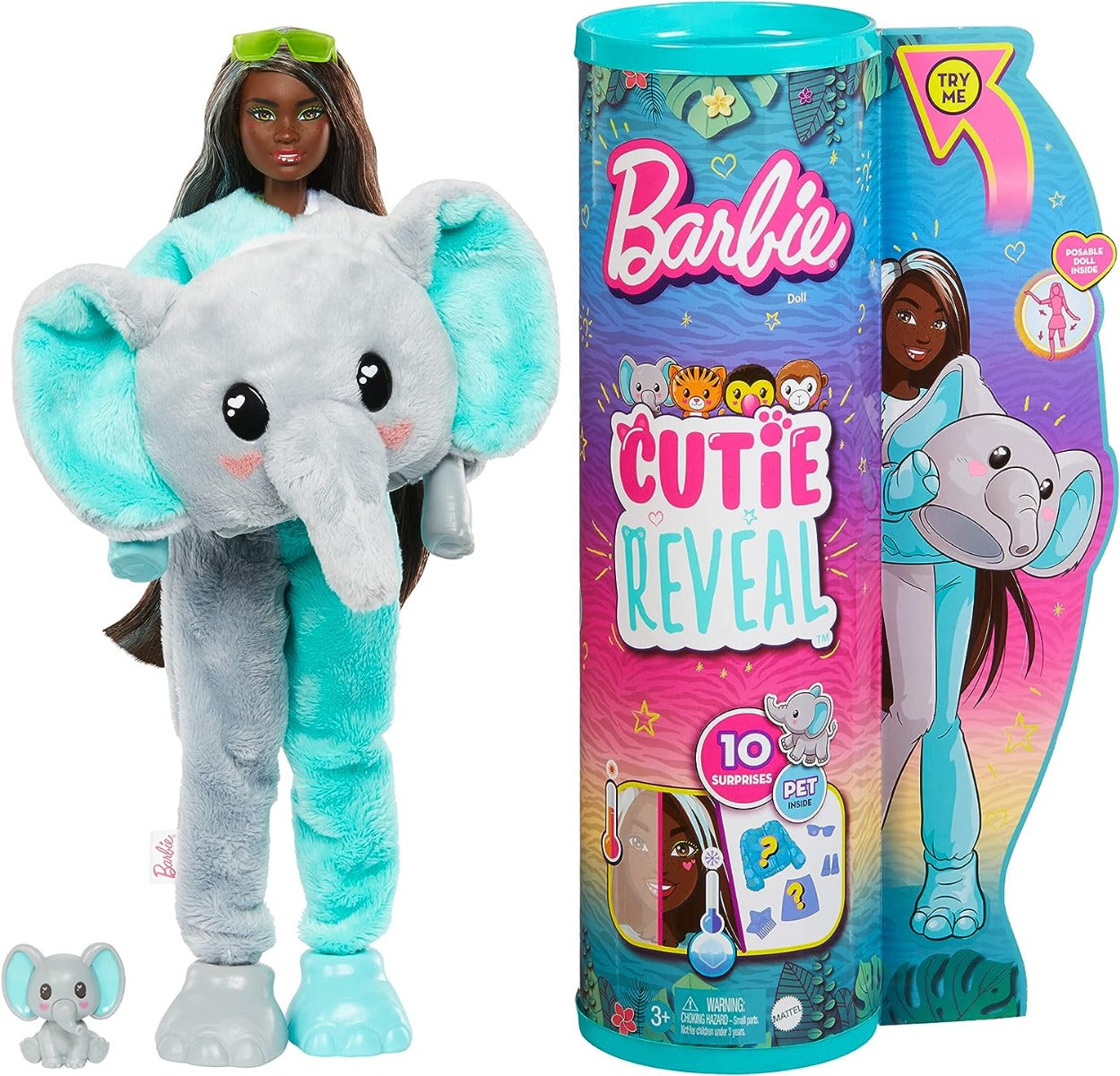 Buy Barbie Cutie Reveal Fashion Doll Jungle Series Elephant Plush Costume with 10 Surprises Including Mini Pet & Color Change | Yallatoys.com