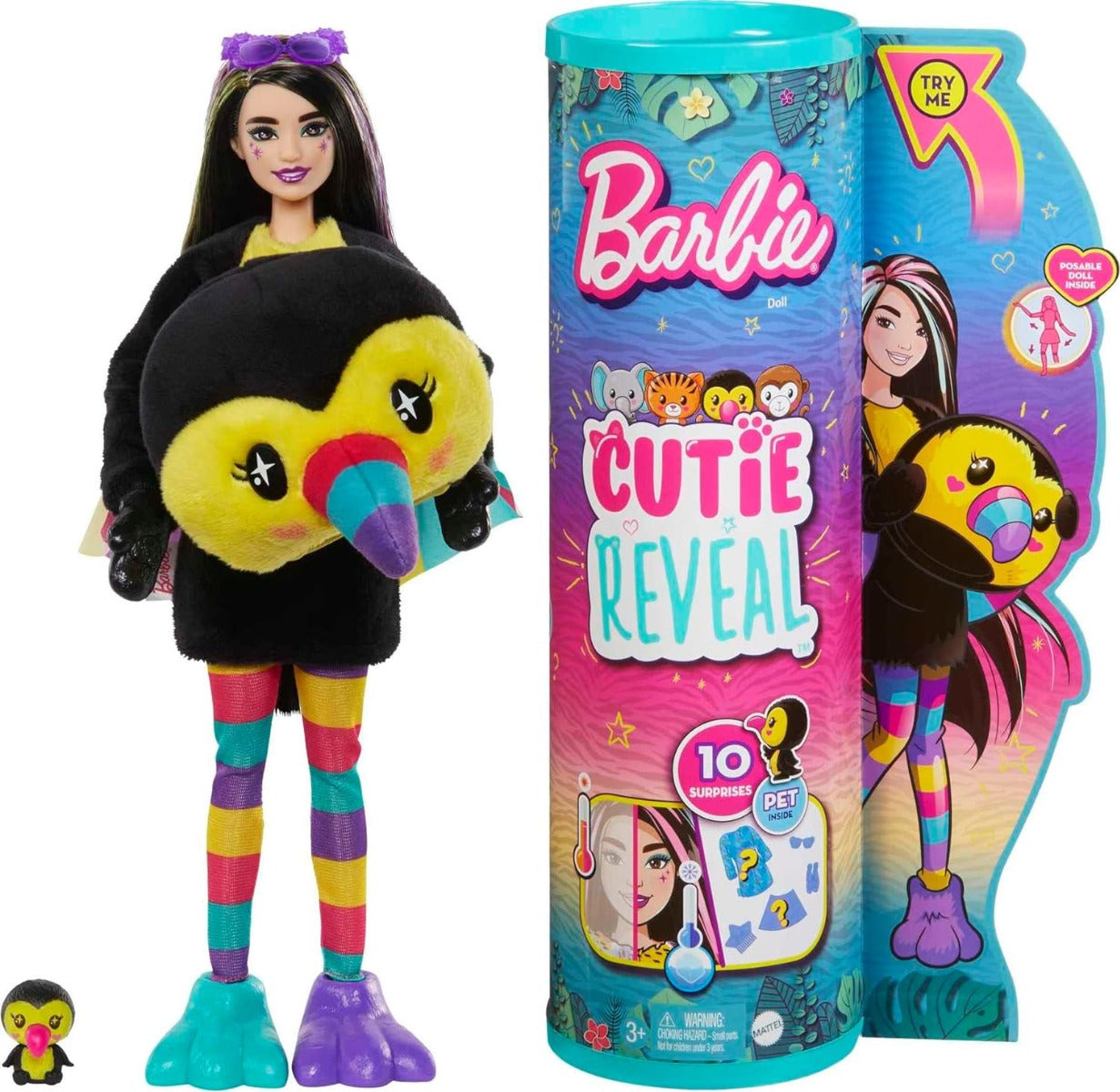 Buy Barbie Cutie Reveal Fashion Doll Jungle Series Toucan Plush Costume with 10 Surprises Including Mini Pet & Color Change | Yallatoys.com