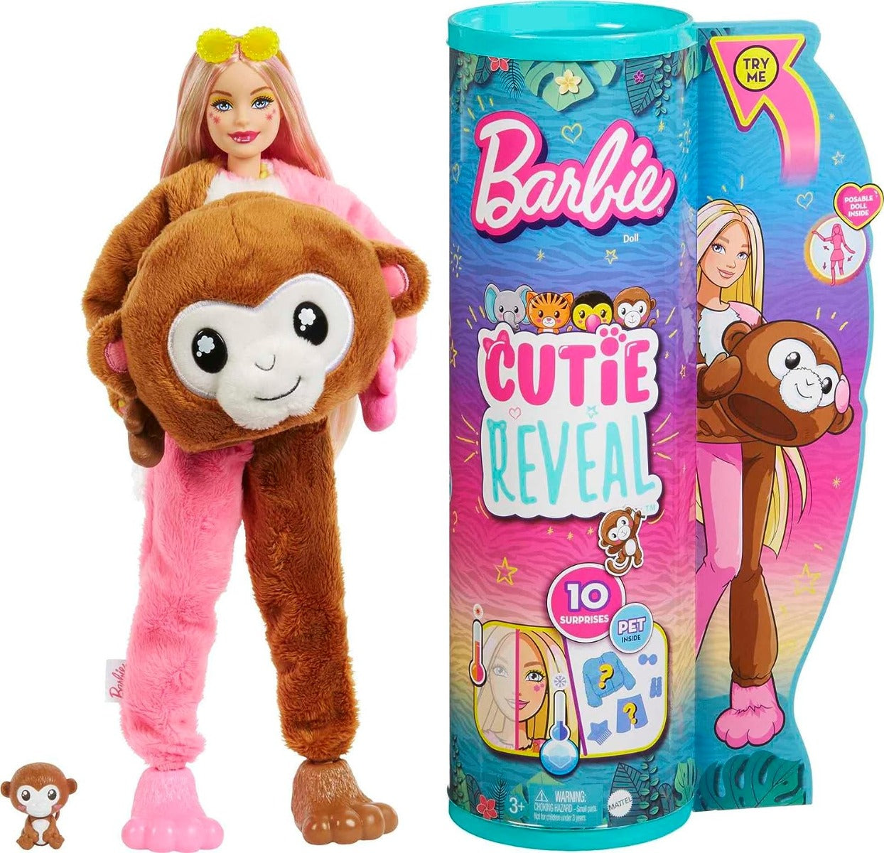 Buy Barbie Cutie Reveal Fashion Doll Jungle Series Monkey Plush Costume with 10 Surprises Including Mini Pet & Color Change | Yallatoys.com