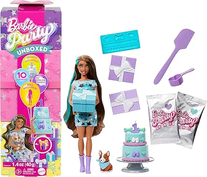 Buy Barbie Party Unboxed Doll And Accessories Pet Birthday Series Party Stars Set with 10 Surprises | Yallatoys.com