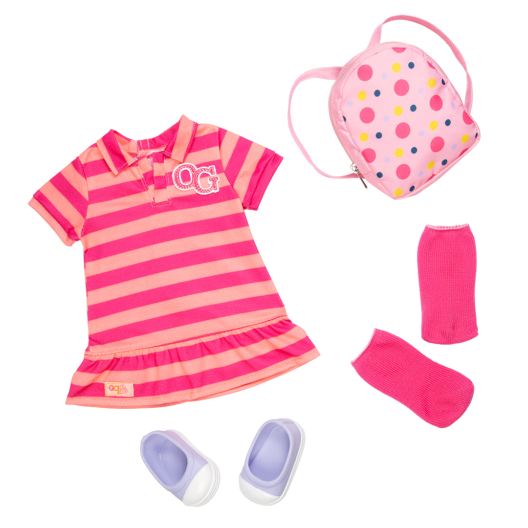 Buy Our Generation Doll With Striped Dress & Polka Dot Knapsack Kimmy | Yallatoys.com