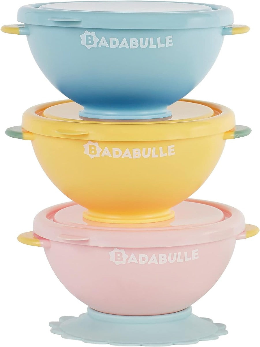 Badabulle Set of 3 Funcolors Bowls with lid and 1 Non Slip Suction Base 330ml Badabulle Yallatoys