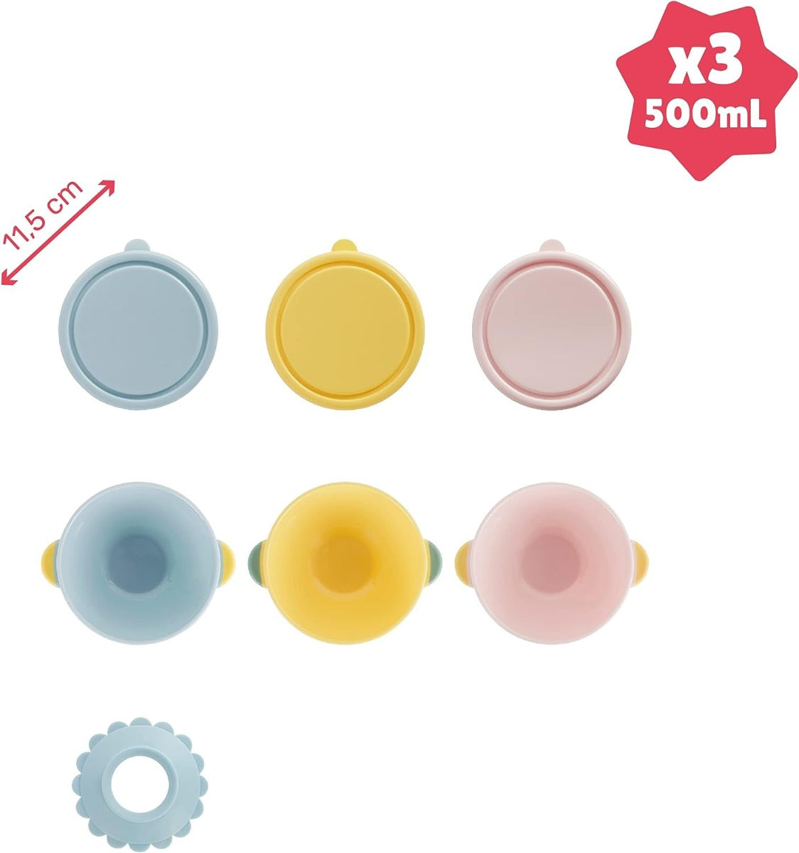 Badabulle Set of 3 Funcolors Bowls with lid and 1 Non Slip Suction Base 330ml Badabulle Yallatoys