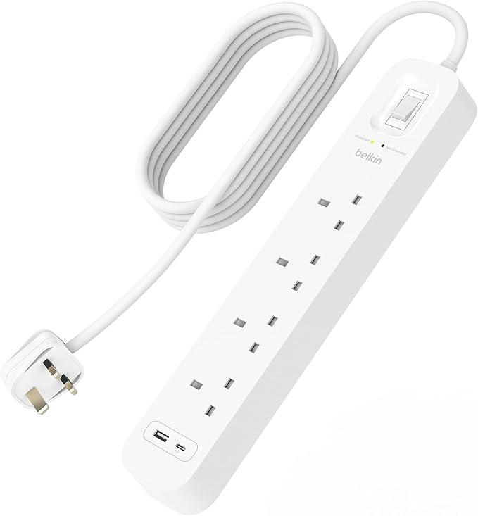 Buy Belkin 4-Outlet Surge Protector 18W USB-A & USB-C Ports 2M Cord White | Yallatoys.com