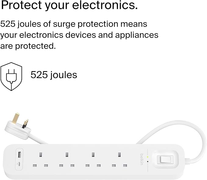 Buy Belkin 4-Outlet Surge Protector 18W USB-A & USB-C Ports 2M Cord White | Yallatoys.com