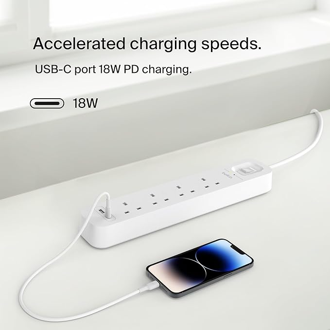 Buy Belkin 4-Outlet Surge Protector 18W USB-A & USB-C Ports 2M Cord White | Yallatoys.com