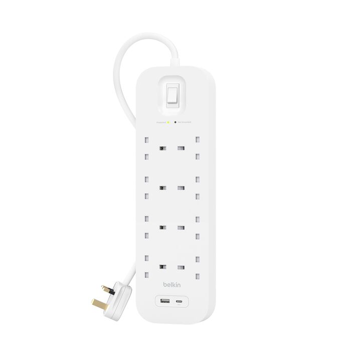 Buy Belkin 8-Outlet Surge Protector 18W USB-A & USB-C Ports 2M Cord White | Yallatoys.com