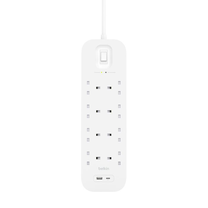 Buy Belkin 8-Outlet Surge Protector 18W USB-A & USB-C Ports 2M Cord White | Yallatoys.com