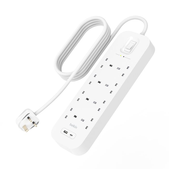 Buy Belkin 8-Outlet Surge Protector 18W USB-A & USB-C Ports 2M Cord White | Yallatoys.com