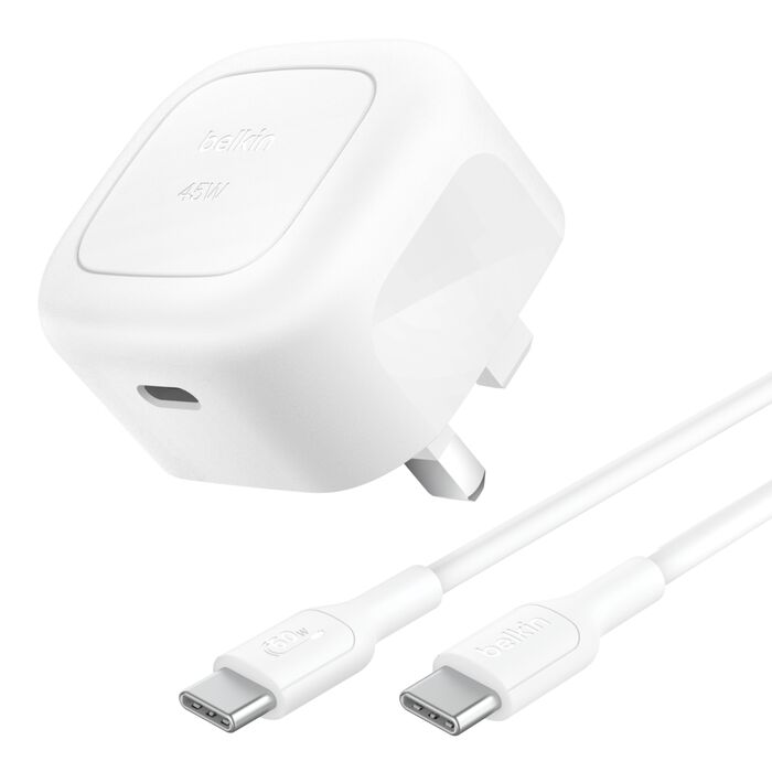 Buy Belkin Wall Charger 45W PD USB-C + USB-C Cable 1m UK Plug White | Yallatoys.com