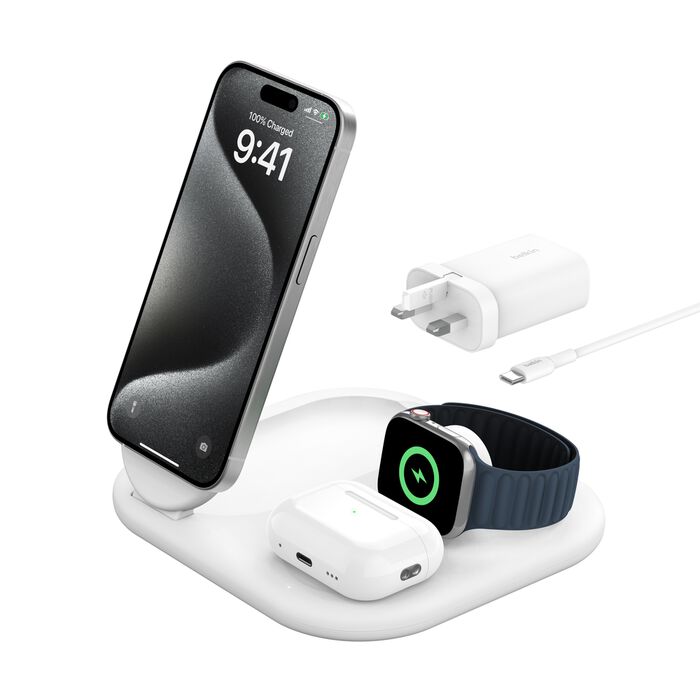 Buy Belkin BoostCharge 3-in-1 Magnetic Foldable Wireless Charger with Qi2 15W White | Yallatoys.com