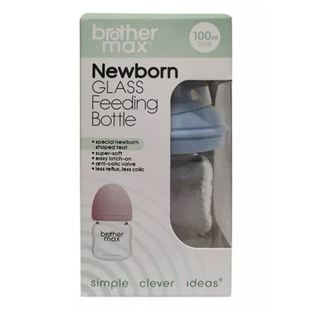 Brother Max Newborn Glass Anticolic Feeding Bottle 100ml  SS Teat Color Blue BROTHERMAX Yallatoys