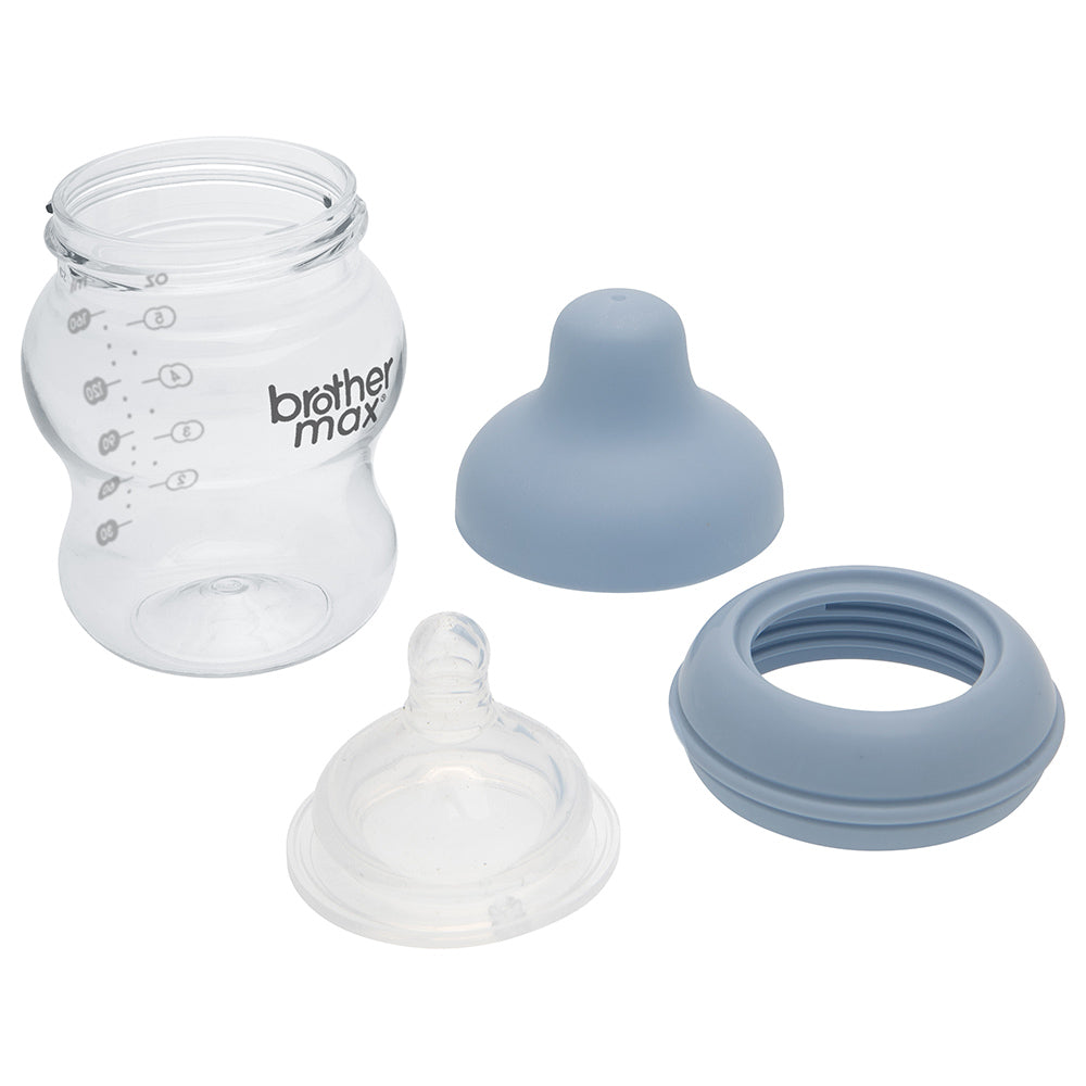 Brother MaxÂ  Extra Wide Neck Glass Feeding Bottle 160Ml/5Oz + S Teat Blue BROTHERMAX Yallatoys