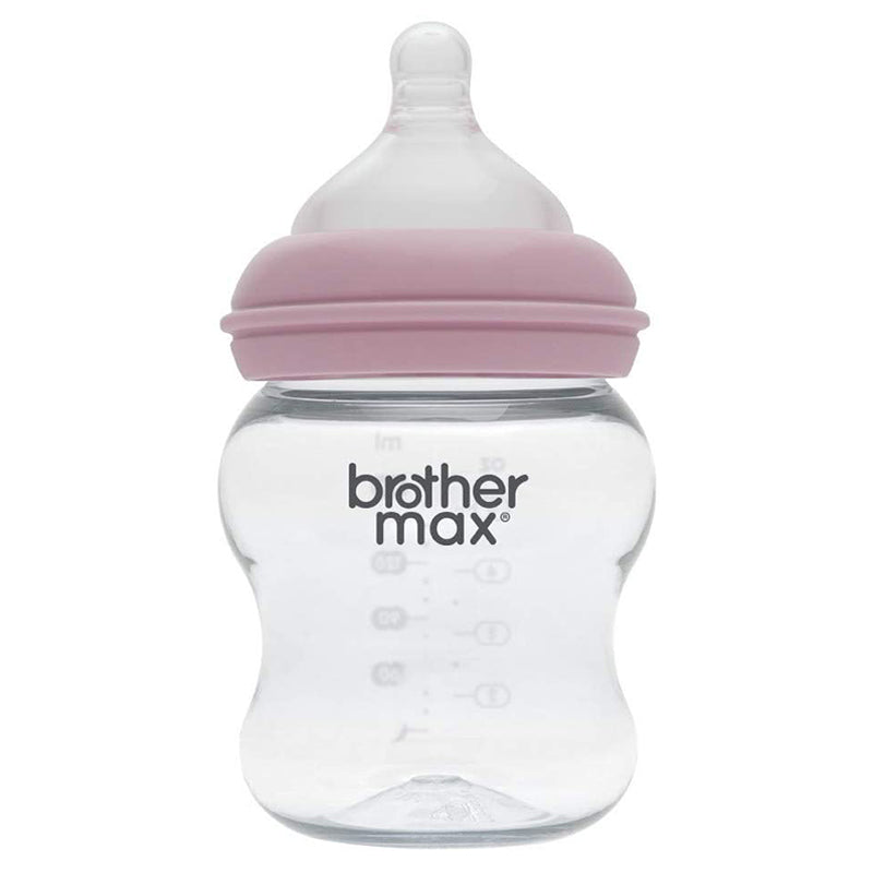 Brother MaxÂ  Extra Wide Neck Glass Feeding Bottle 160Ml/5Oz + S Teat Pink BROTHERMAX Yallatoys