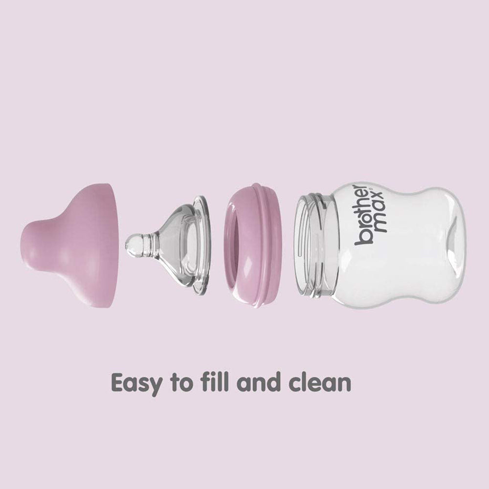 Brother MaxÂ  Extra Wide Neck Glass Feeding Bottle 160Ml/5Oz + S Teat Pink BROTHERMAX Yallatoys