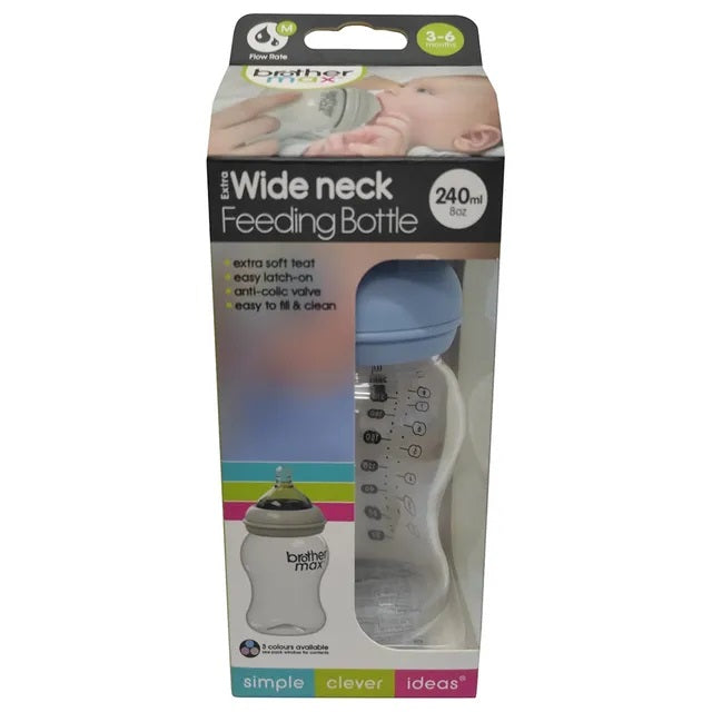 Brother Max Extra Wide Neck Glass Feeding Bottle 240ml/8oz M Teat Color Blue BROTHERMAX Yallatoys