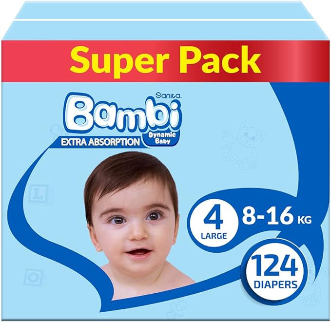 Bambi Baby Diapers Super Pack Size 4 Large  8-16 Kg 124 Count Bambi Yallatoys