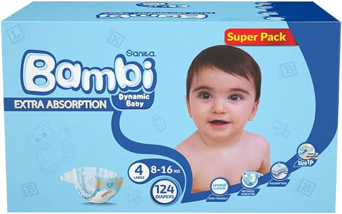Bambi Baby Diapers Super Pack Size 4 Large  8-16 Kg 124 Count Bambi Yallatoys