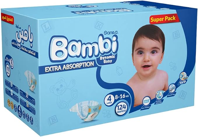Bambi Baby Diapers Super Pack Size 4 Large  8-16 Kg 124 Count Bambi Yallatoys