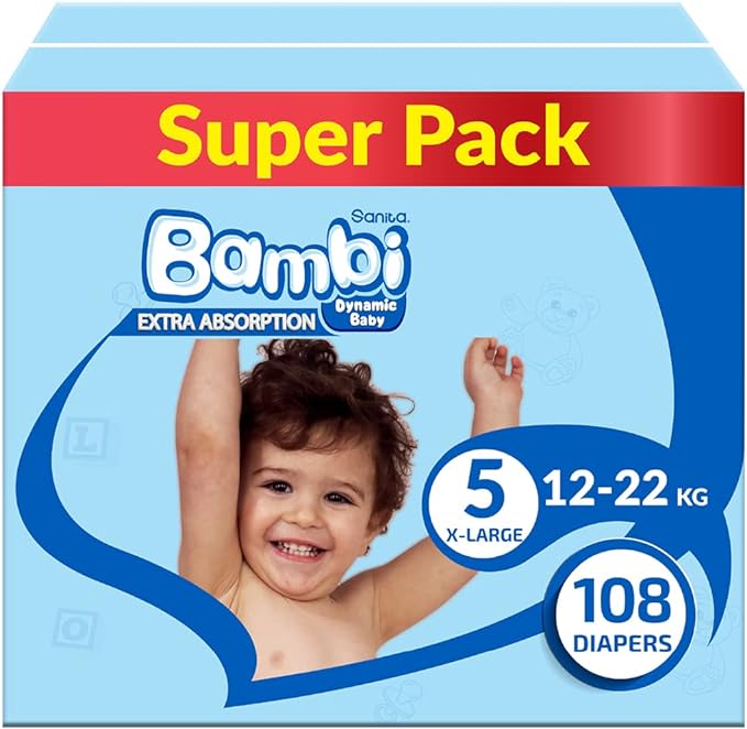 Bambi Baby Diapers Super Pack Size 5 XL 13-25 KG 108 Count Bambi Yallatoys