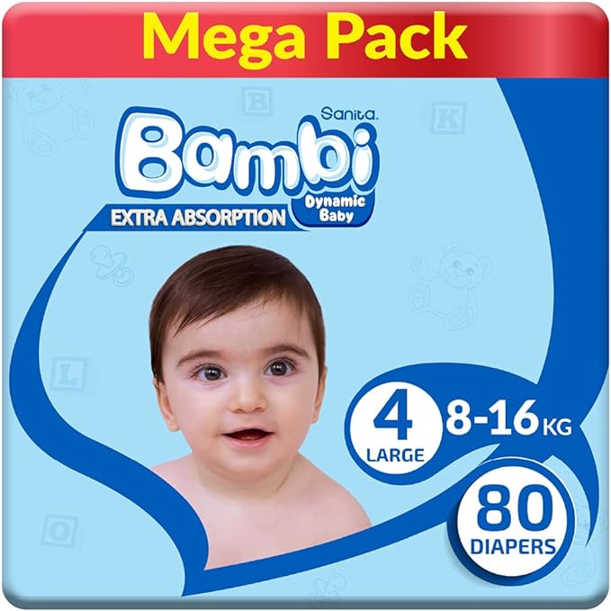 Bambi Baby Diapers Mega Pack Size 4 Large 8-16 KG 80 Count Bambi Yallatoys