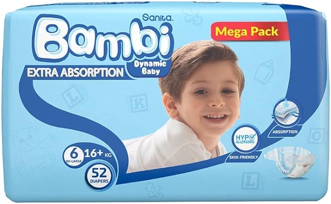 Bambi Baby Diapers Mega Pack Size 6 XXL 16+KG 52 Count