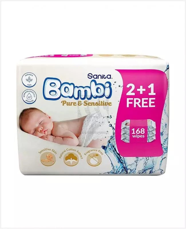 Bambi Wet Wipes Pure & Sensitives 56S (2+1Free) Bambi Yallatoys