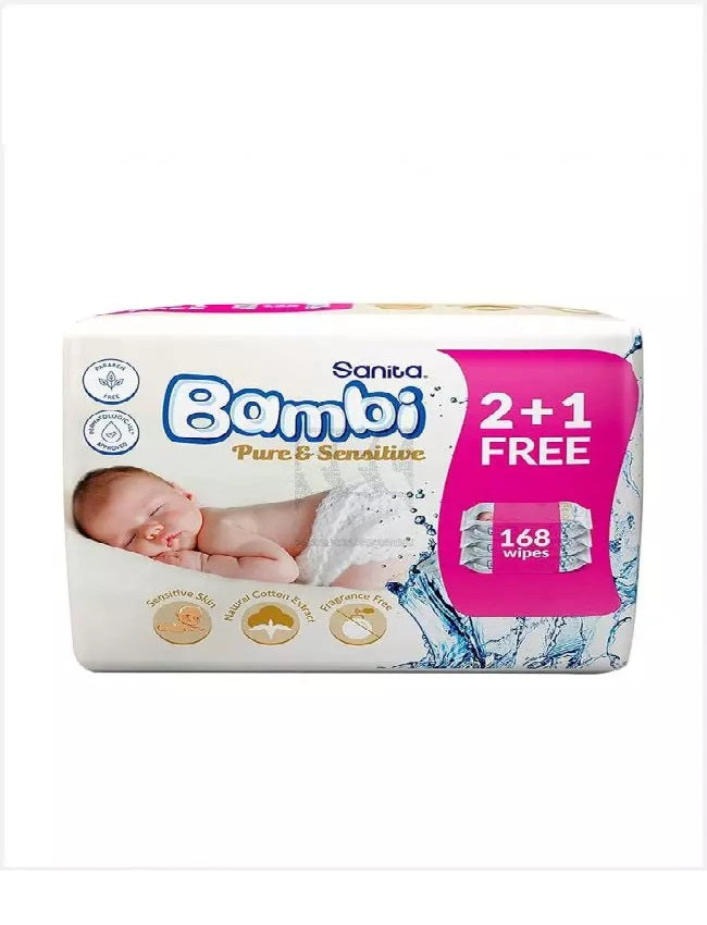 Bambi Wet Wipes Pure & Sensitives 56S (2+1Free) Bambi Yallatoys