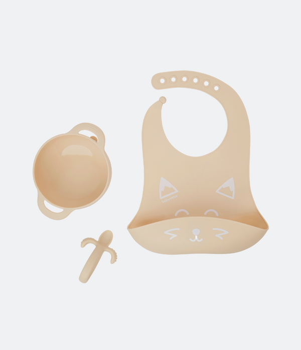 Babymoov First Easy 3pcs Silicone Bowl Spoon & Bib Baby Weaning Set Beige Babymoov Yallatoys
