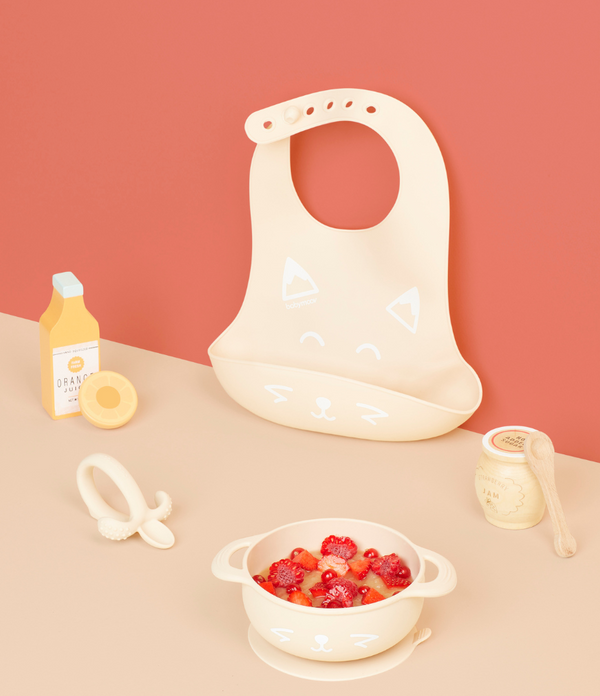 Babymoov First Easy 3pcs Silicone Bowl Spoon & Bib Baby Weaning Set Beige Babymoov Yallatoys