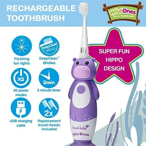 Brush Baby New Wildone Hippo Rechargeable Toothbrush Brush Baby Yallatoys