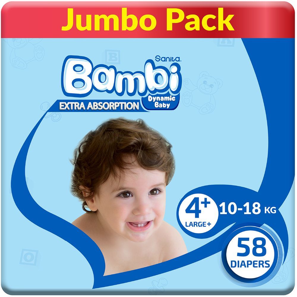 Bambi Sanita Baby Diapers Jumbo Pack Size 4+ Large Plus 10-18 Kg 58 Count Bambi Yallatoys