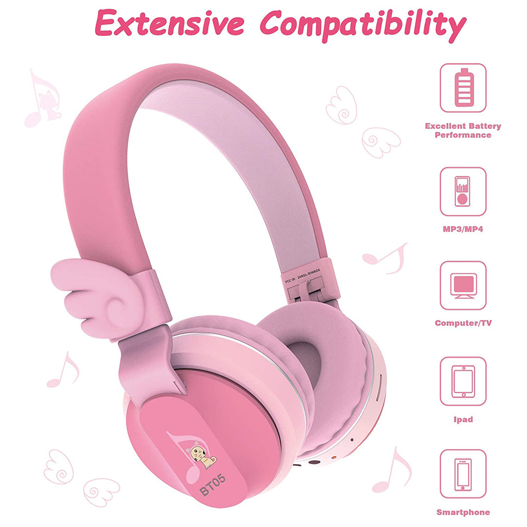 Buy Riwbox Kids Wings Foldable Headphones Wireless Bluetooth Pink Red | Yallatoys.com
