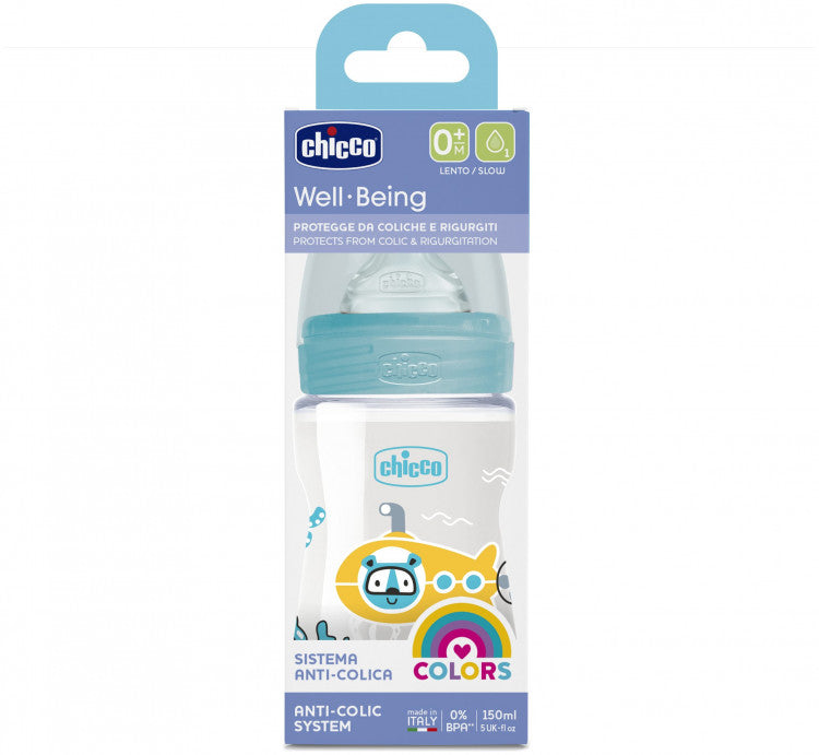 Chicco Baby Well Being Feeding Bottle For Boys - 150ML - Slow Flow - Silicone Chicco Yallatoys