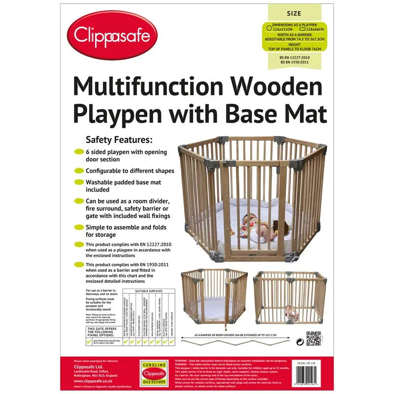 Clippasafe Multifunctional Wooden Playpen with Mat Clippasafe Yallatoys