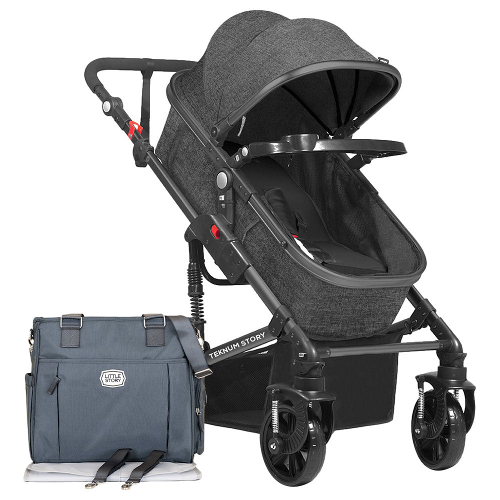 Teknum  3 In 1 Story Pram Stroller And Diaper Bag Bundle Space Grey Teknum Yallatoys