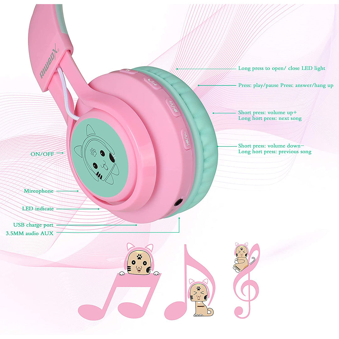 Buy Riwbox Cat Ear Bluetooth Headphones With Led For Kids Pink Green | Yallatoys.com