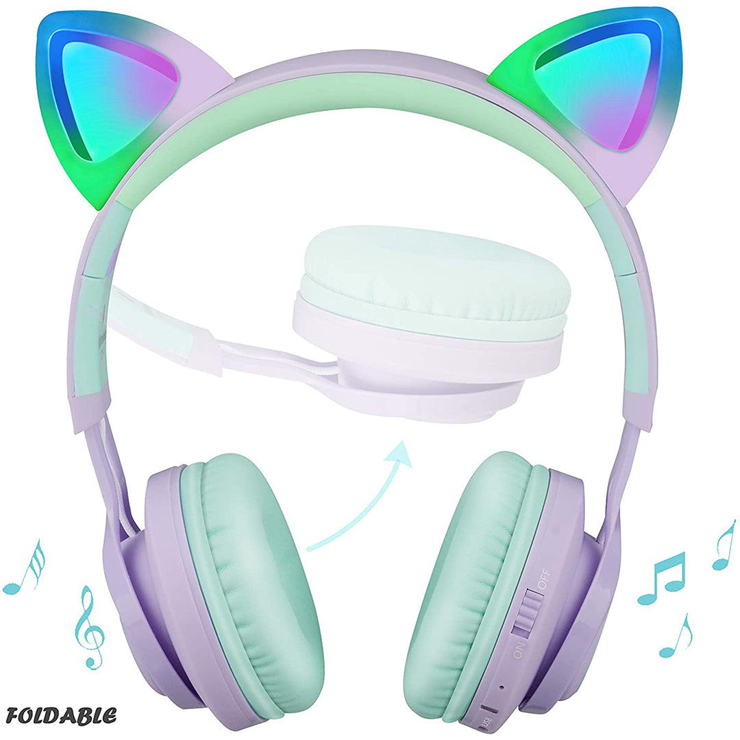 Buy Riwbox Cat Ear Bluetooth Headphones With Led For Kids Purple Green | Yallatoys.com