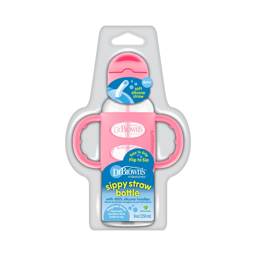 Dr Browns Milestones Narrow Sippy Straw Bottle with Silicone Handles 8oz Pink Dr Browns Yallatoys