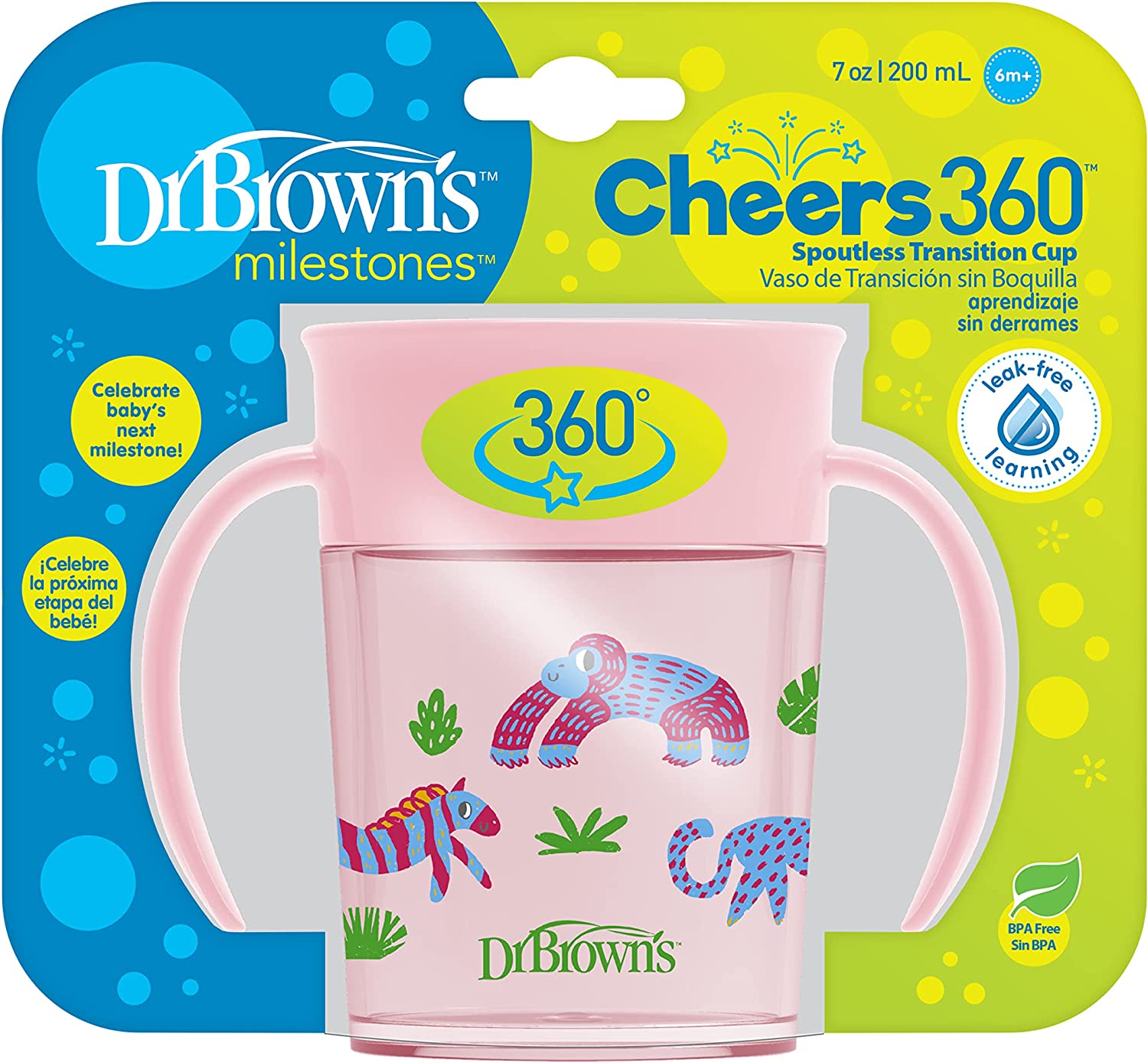 Dr.Browns Smooth Wall Cheers 360 Cup W/ Handles  7 Oz/200 Ml  Pink Deco 6M+ 1 Pack Eta June Dr Browns Yallatoys