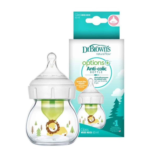 Dr Browns Glass Wide Neck Options+ Bottle with Lion Deco and Preemie Nipple 60mL Dr Browns Yallatoys