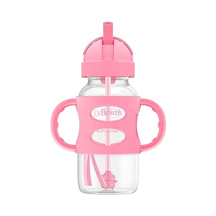 Dr Browns Milestones Wide-Neck Straw Bottle with Silicone Handle 9 oz Pink Dr Browns Yallatoys