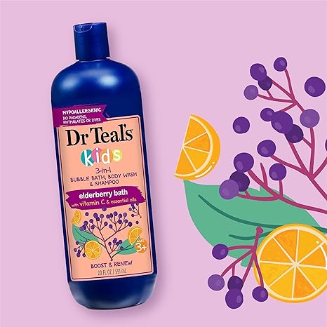 Dr Teals Kids 3 in 1 Elderberry Bubble Bath Body Wash & Shampoo with Vitamin C & Essential Oils 591ml Dr Teal's Yallatoys