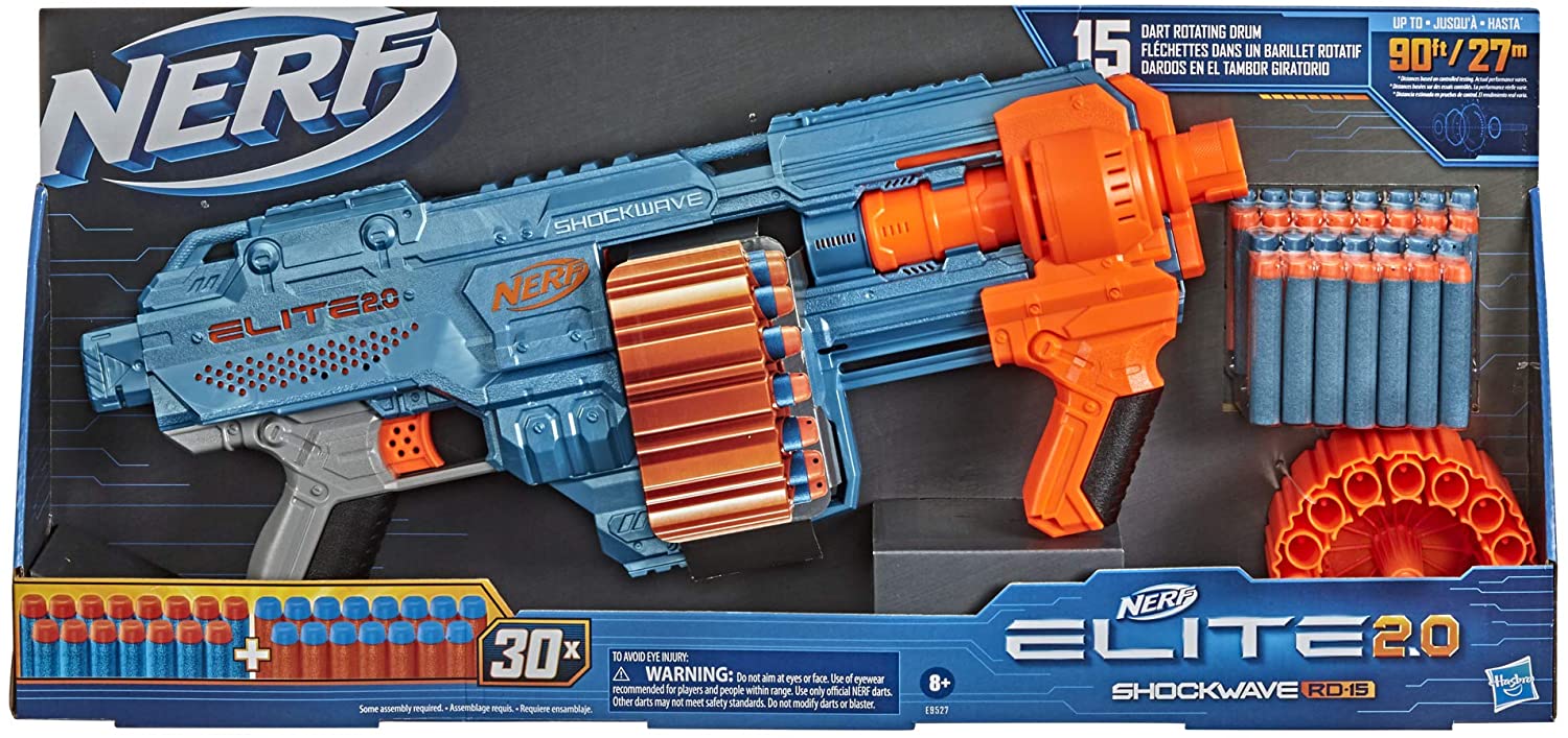 Buy Nerf Elite 2.0 Shockwave Rd-15 Blaster, 30 Nerf Darts, 15-Dart Rotating Drum, Customizing Capabilities | Yallatoys.com