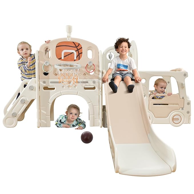 Buy Little Angel Slide 10 In 1 Playset with Basketball Hoop Beige Coffee | Yallatoys.com