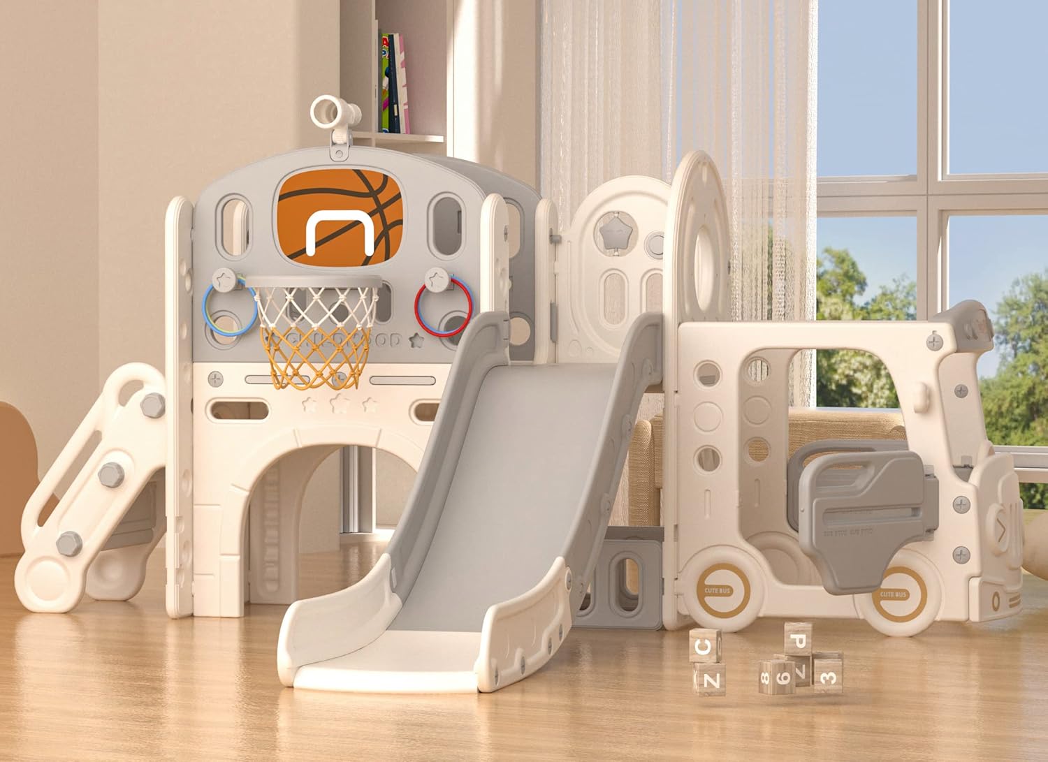 Buy Little Angel Slide 10 In 1 Playset with Basketball Hoop Beige Grey | Yallatoys.com