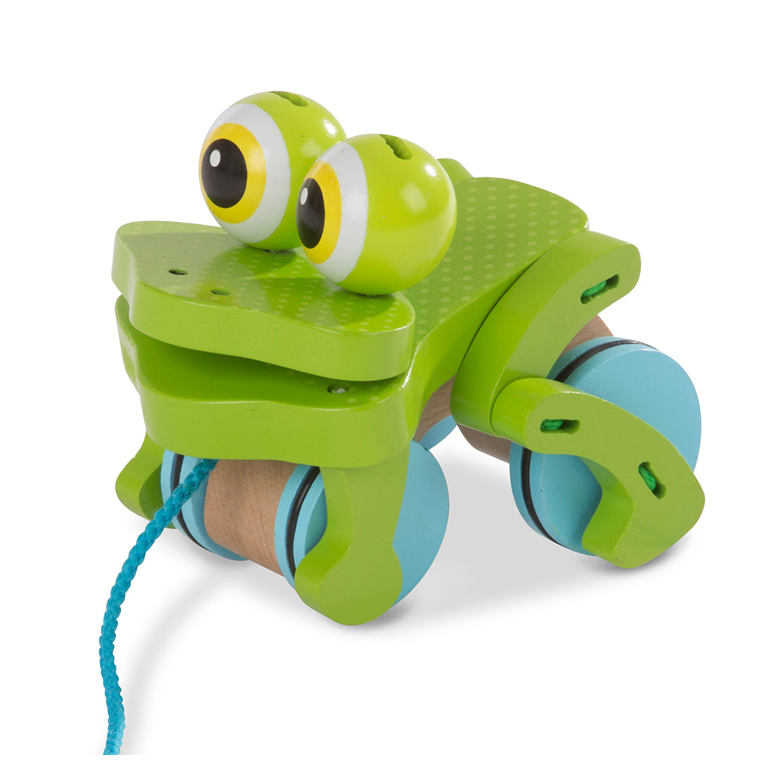 frolicking frog wooden pull toy